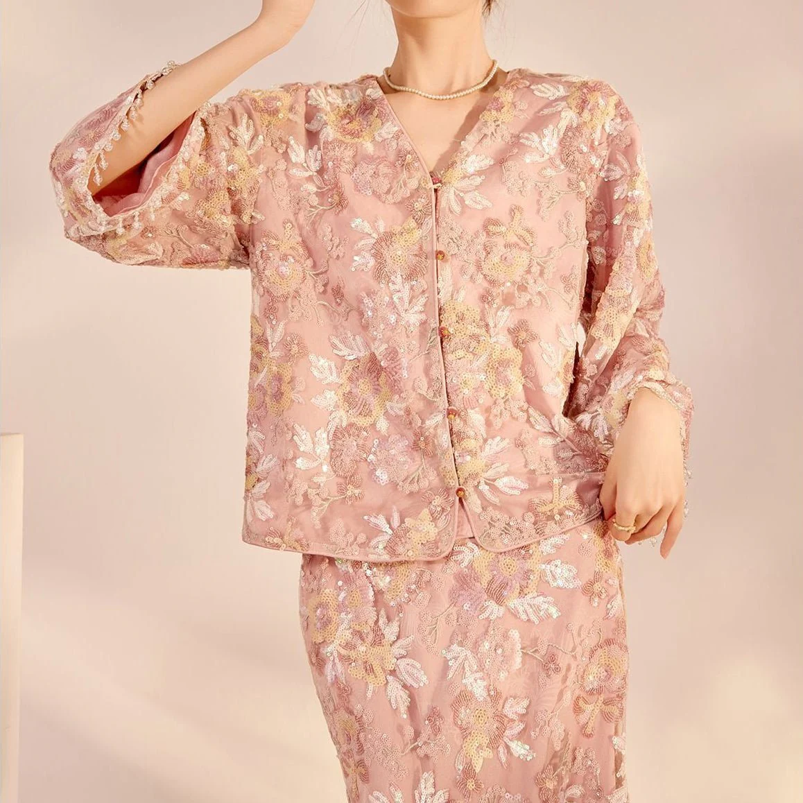 Luxury Embroidered Floral Jacket & Skirt Set(MS307) - Image 7