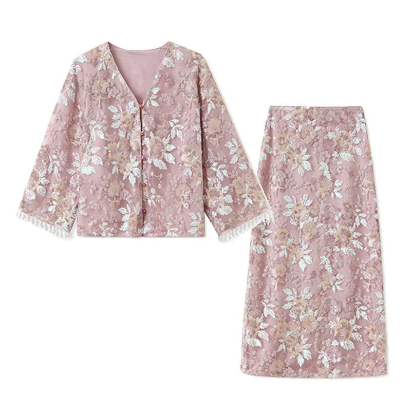 Luxury Embroidered Floral Jacket & Skirt Set(MS307) - Image 9