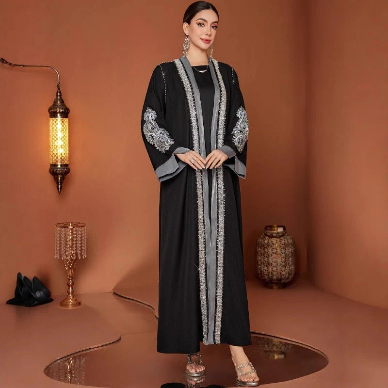 Luxury Embroidered Rhinestone Abaya | Open Front with Contrast Trim & Split Cuffs(MOA235) - Image 2