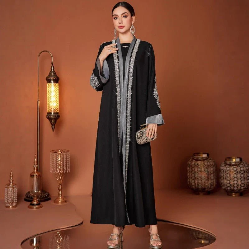 Luxury Embroidered Rhinestone Abaya | Open Front with Contrast Trim & Split Cuffs(MOA235) - Image 3