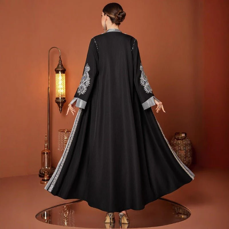 Luxury Embroidered Rhinestone Abaya | Open Front with Contrast Trim & Split Cuffs(MOA235) - Image 4