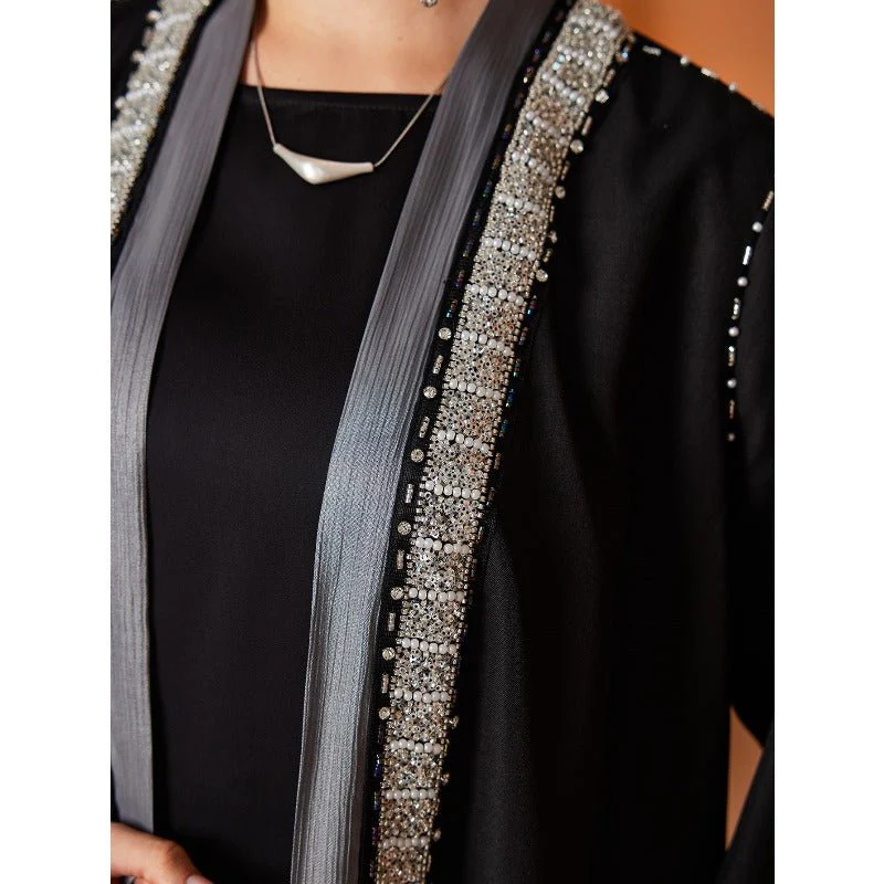 Luxury Embroidered Rhinestone Abaya | Open Front with Contrast Trim & Split Cuffs(MOA235) - Image 5