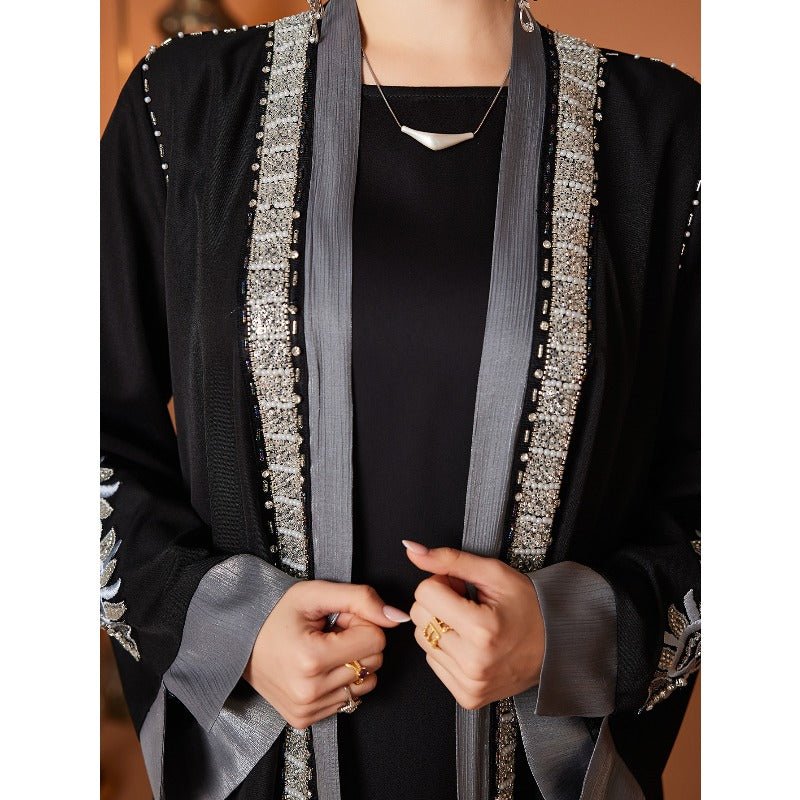 Luxury Embroidered Rhinestone Abaya | Open Front with Contrast Trim & Split Cuffs(MOA235) - Image 6