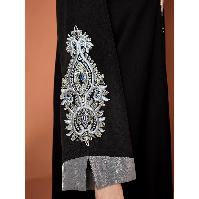 Luxury Embroidered Rhinestone Abaya | Open Front with Contrast Trim & Split Cuffs(MOA235) - Image 7