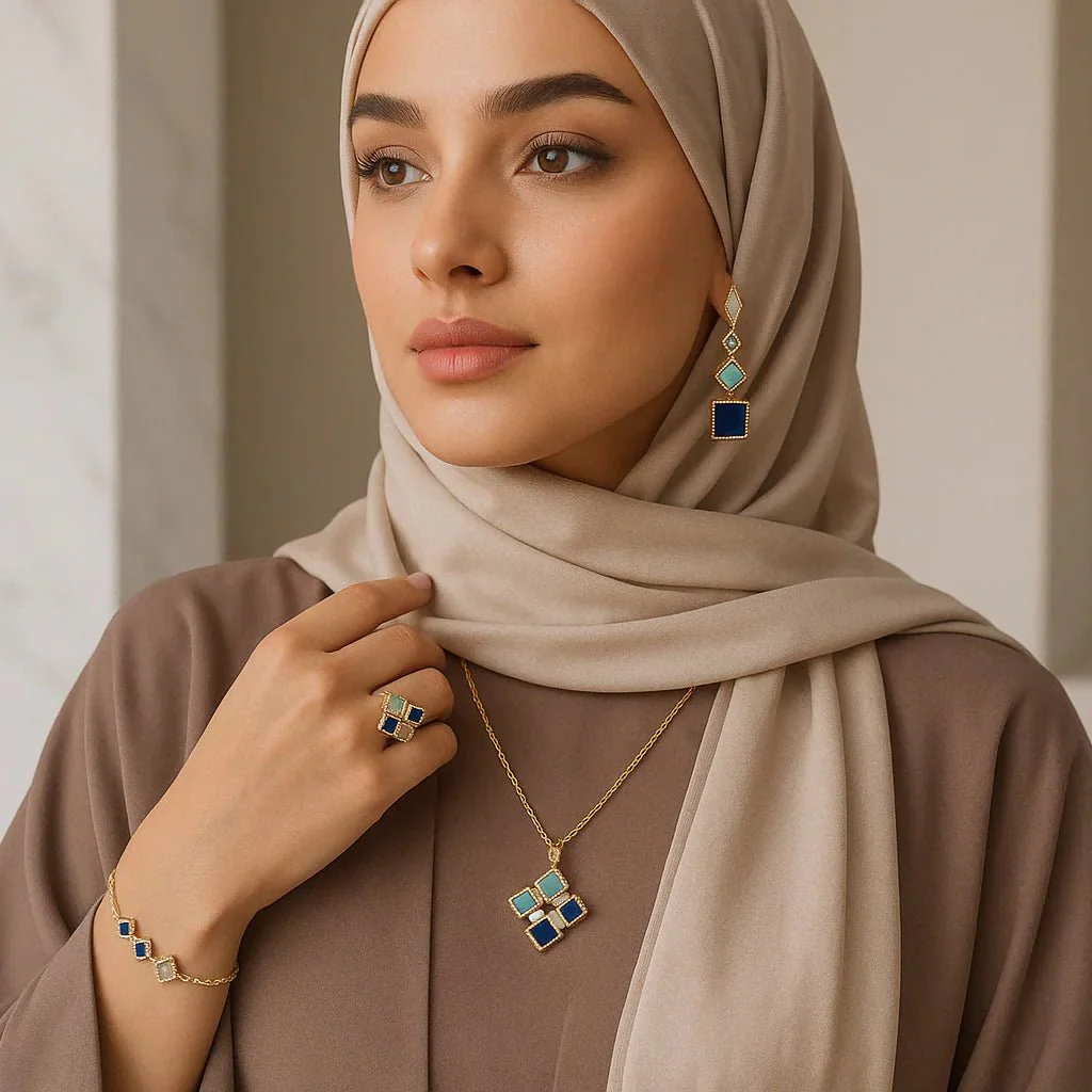 Celeste Geometric Gemstone Jewelry Set | Islamic Blue Stone Jewelry Set (MAC253) - Image 4