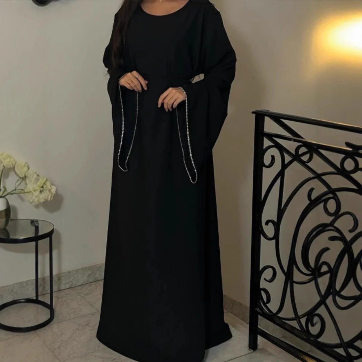 Luxury Loose Cuff Chain Abaya Dress - Modest Long Sleeve Elegant Robe with Silver Detailing(MA278) - Image 3