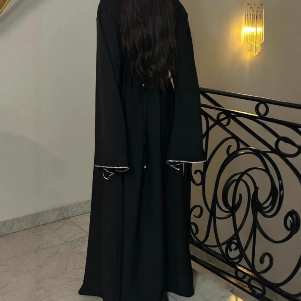 Luxury Loose Cuff Chain Abaya Dress - Modest Long Sleeve Elegant Robe with Silver Detailing(MA278) - Image 4