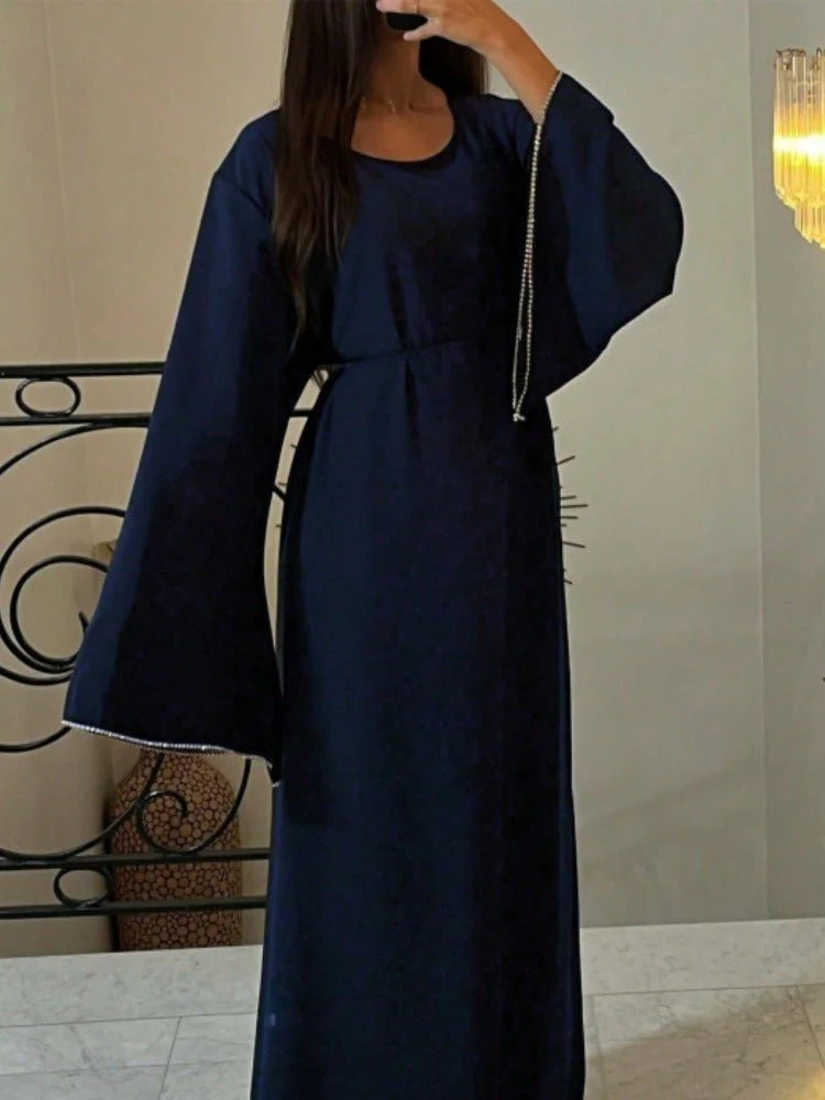 Luxury Loose Cuff Chain Abaya Dress - Modest Long Sleeve Elegant Robe with Silver Detailing(MA278) - Image 5