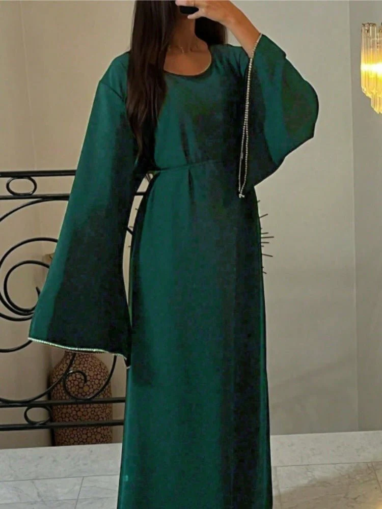 Luxury Loose Cuff Chain Abaya Dress - Modest Long Sleeve Elegant Robe with Silver Detailing(MA278) - Image 6