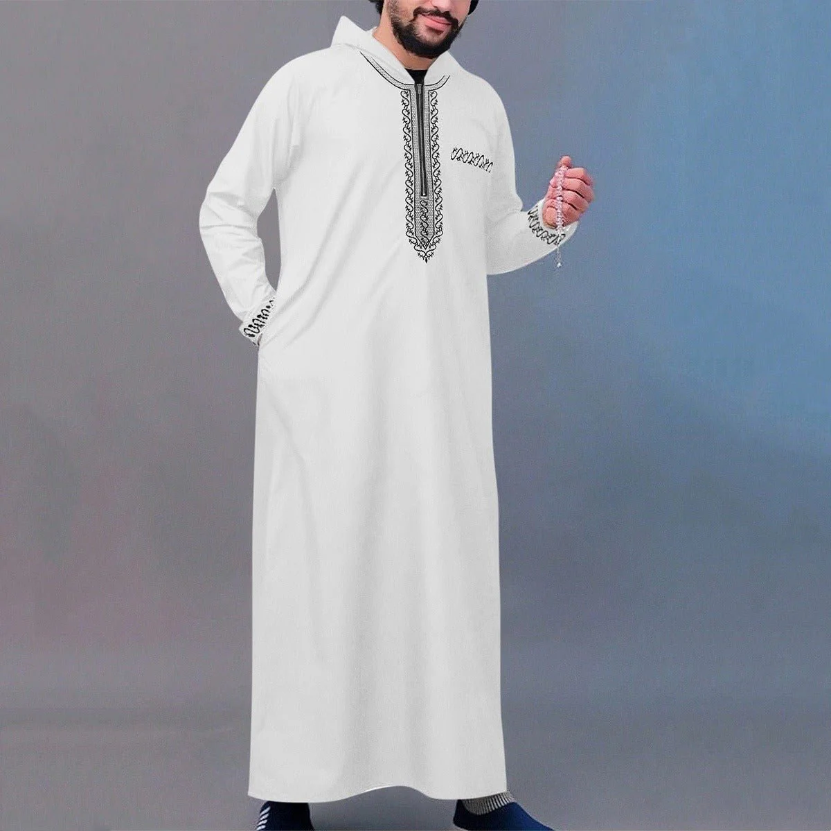 Luxury Loose Fit Hooded Premium Embroidered Men's Thobe Robe with Zipper & Islamic Calligraphy Design (MT024) - Image 12