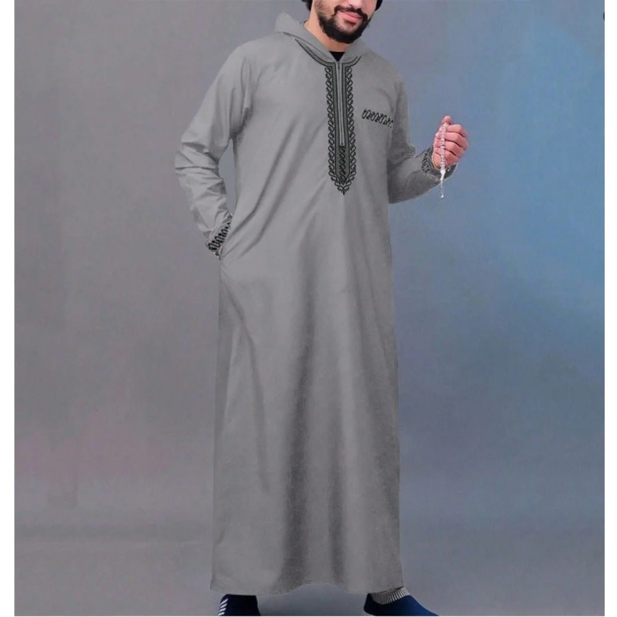 Luxury Loose Fit Hooded Premium Embroidered Men's Thobe Robe with Zipper & Islamic Calligraphy Design (MT024) - Image 15