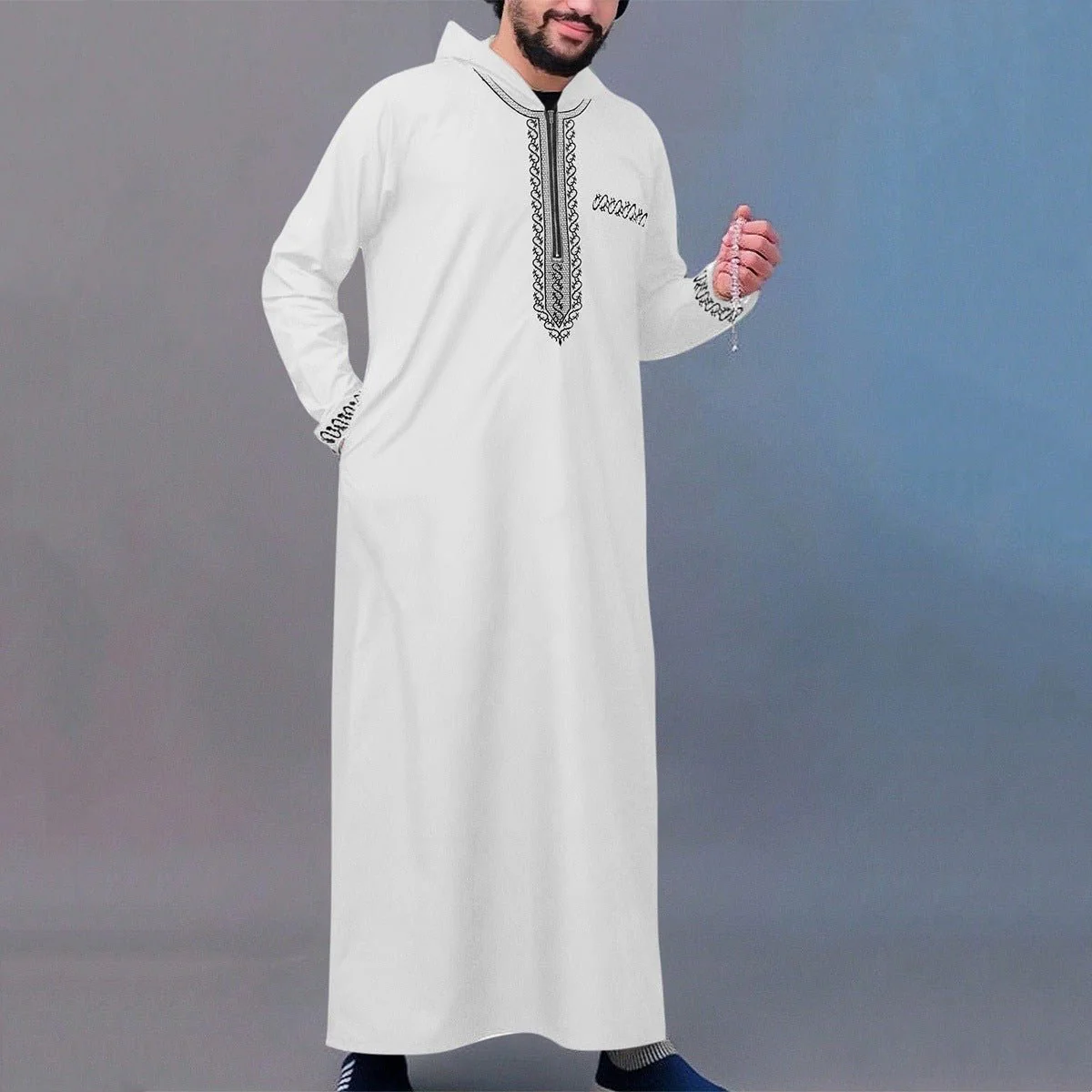 Luxury Loose Fit Hooded Premium Embroidered Men's Thobe Robe with Zipper & Islamic Calligraphy Design (MT024) - Image 18