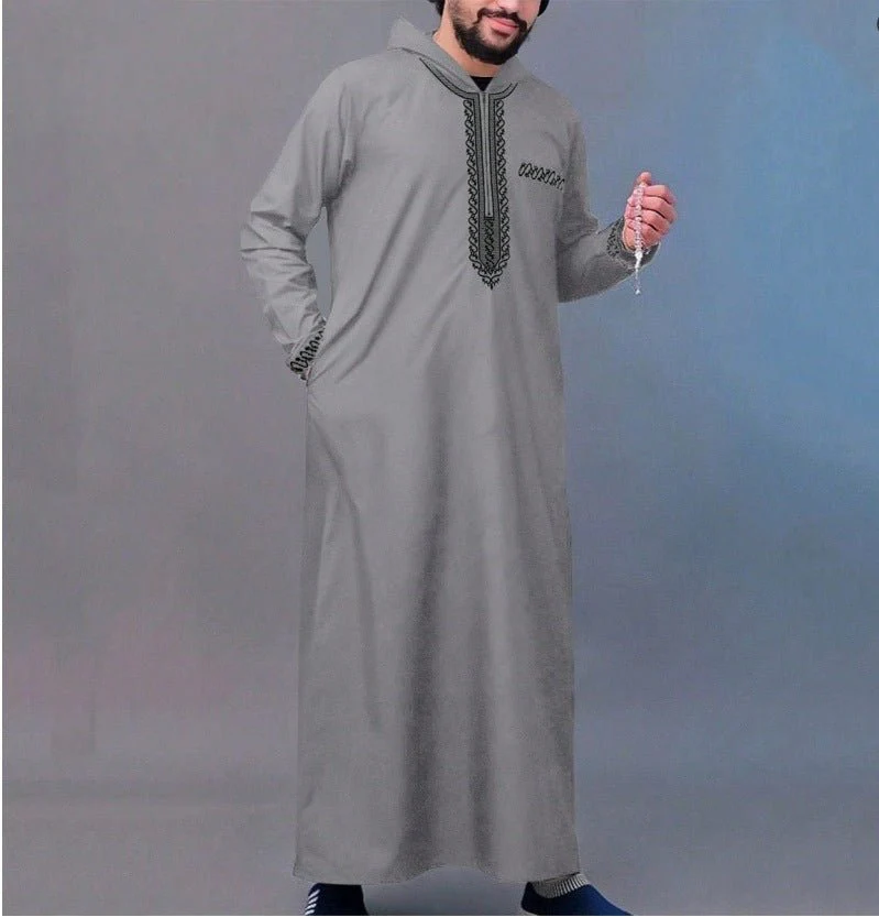 Luxury Loose Fit Hooded Premium Embroidered Men's Thobe Robe with Zipper & Islamic Calligraphy Design (MT024) - Image 19