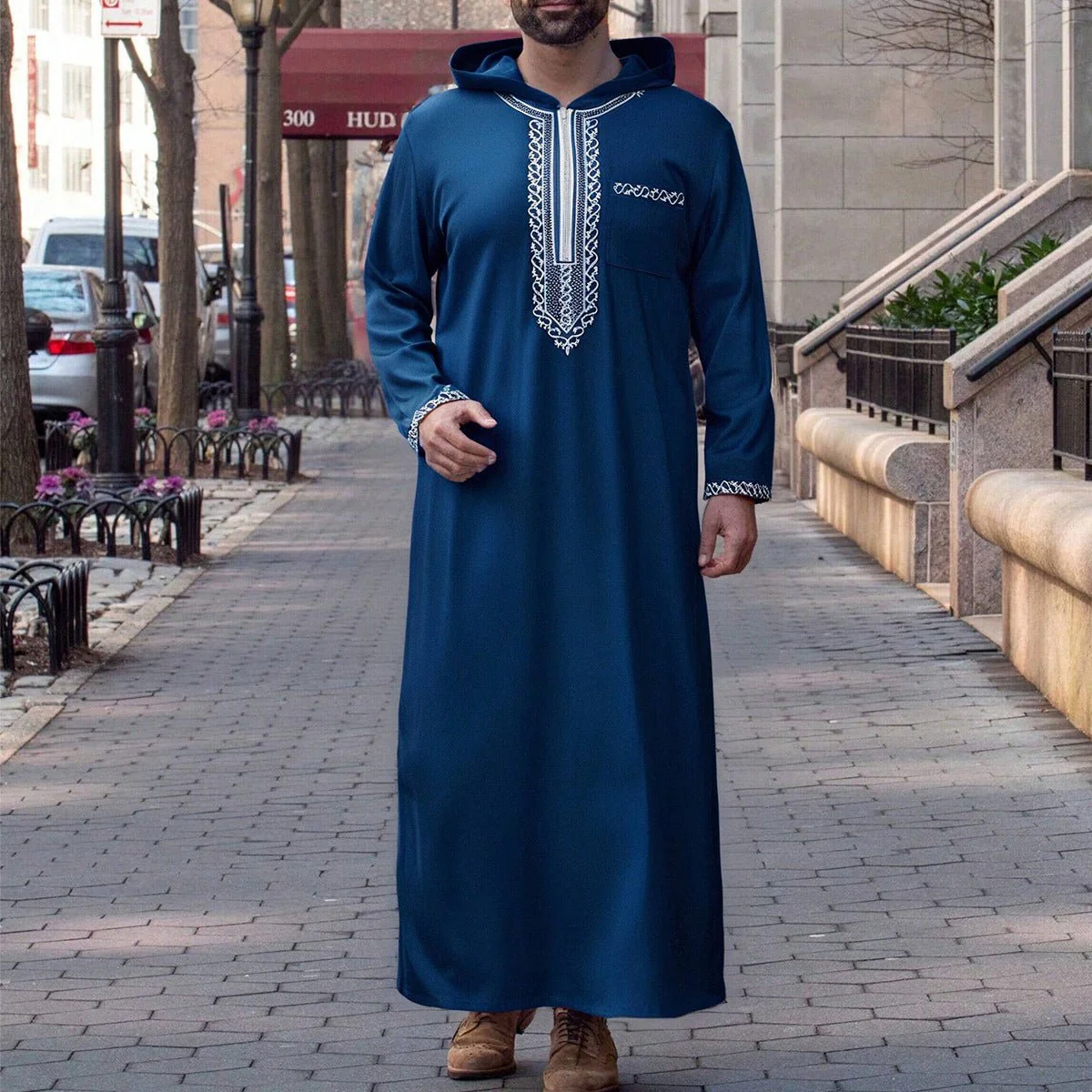 Luxury Loose Fit Hooded Premium Embroidered Men's Thobe Robe with Zipper & Islamic Calligraphy Design (MT024) - Image 20
