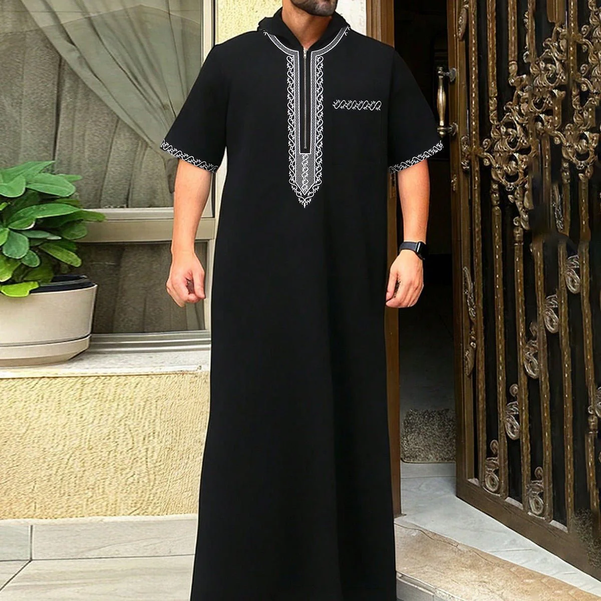 Luxury Loose Fit Hooded Premium Embroidered Men's Thobe Robe with Zipper & Islamic Calligraphy Design (MT024) - Image 21