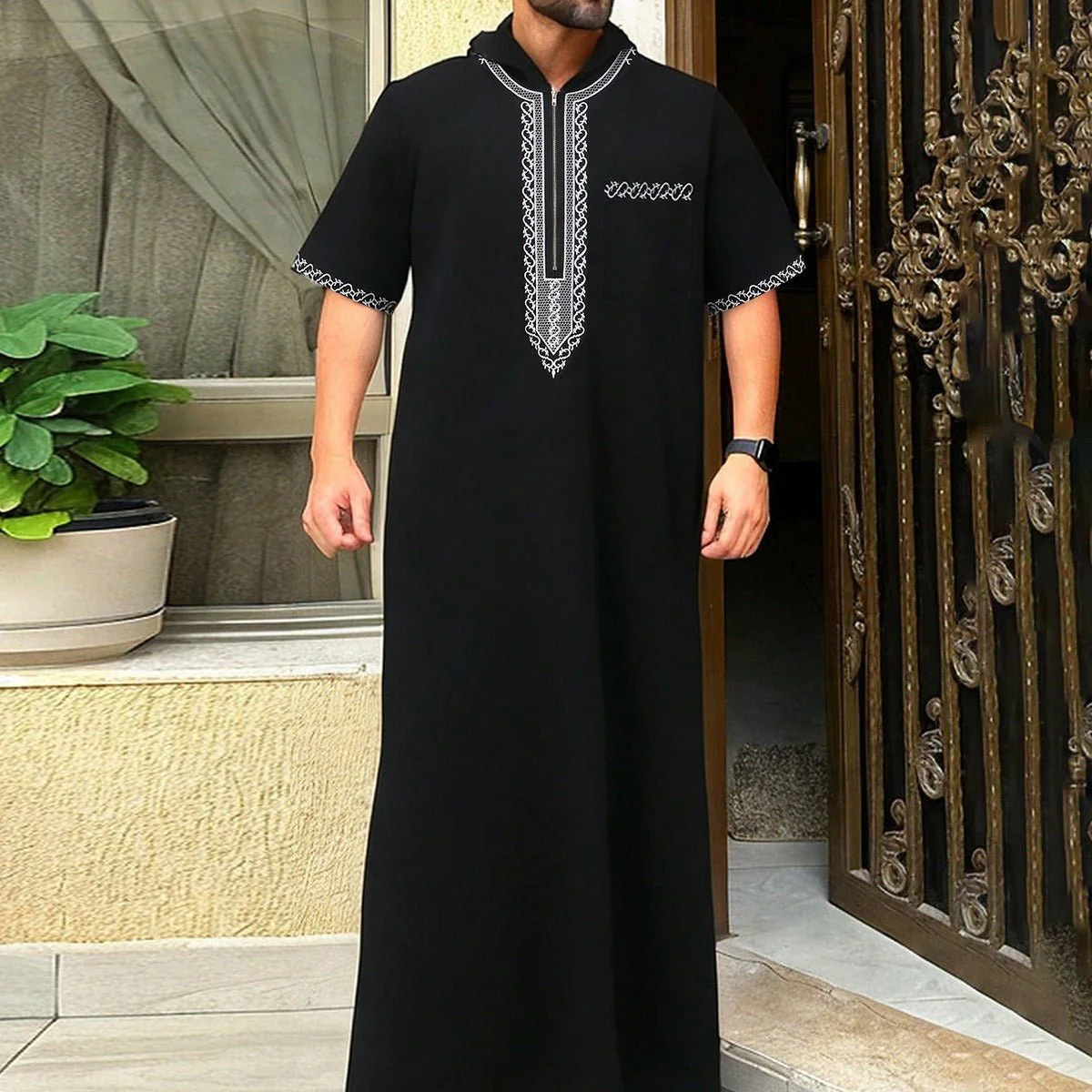 Luxury Loose Fit Hooded Premium Embroidered Men's Thobe Robe with Zipper & Islamic Calligraphy Design (MT024) - Image 8