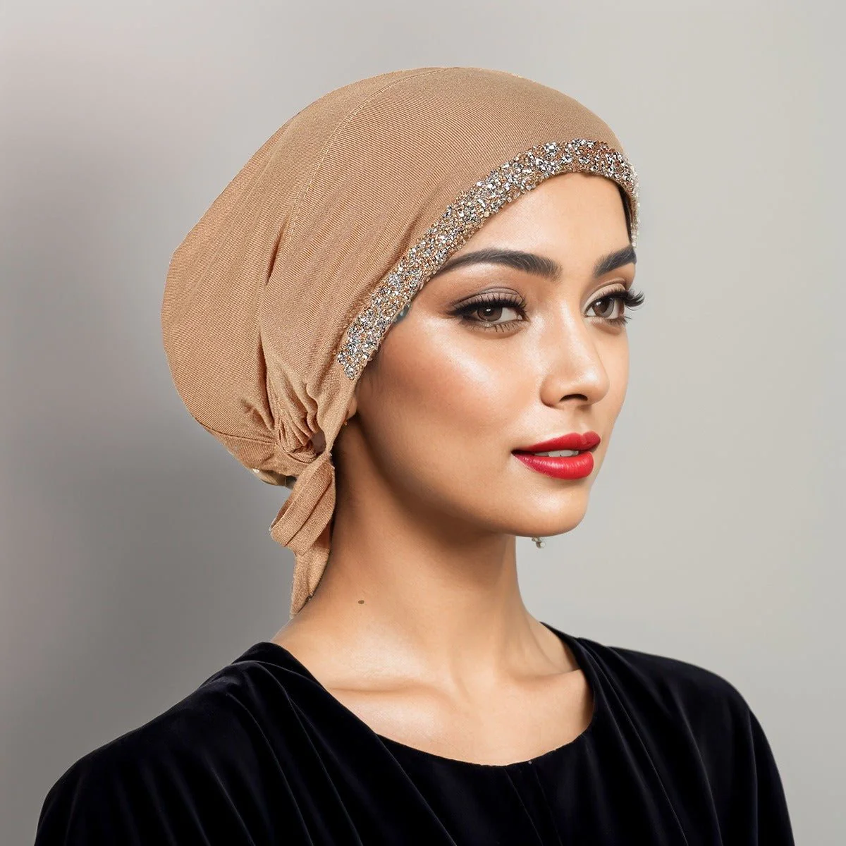 Luxury Modal Cotton Hijab Cap Crystal-Embellished Elastic Lace-Up Undercap with Breathable Design (MH115) - Image 10