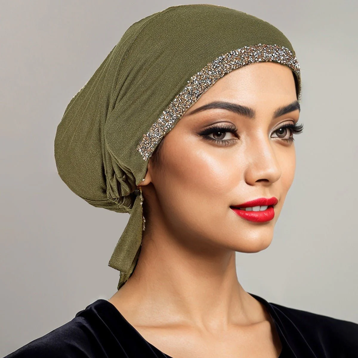 Luxury Modal Cotton Hijab Cap Crystal-Embellished Elastic Lace-Up Undercap with Breathable Design (MH115) - Image 11