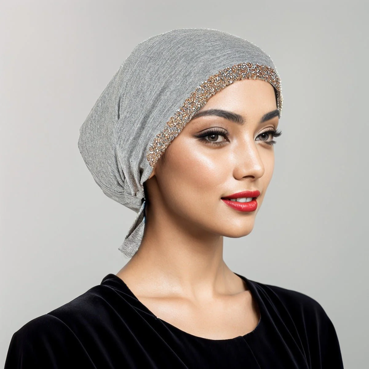 Luxury Modal Cotton Hijab Cap Crystal-Embellished Elastic Lace-Up Undercap with Breathable Design (MH115) - Image 12