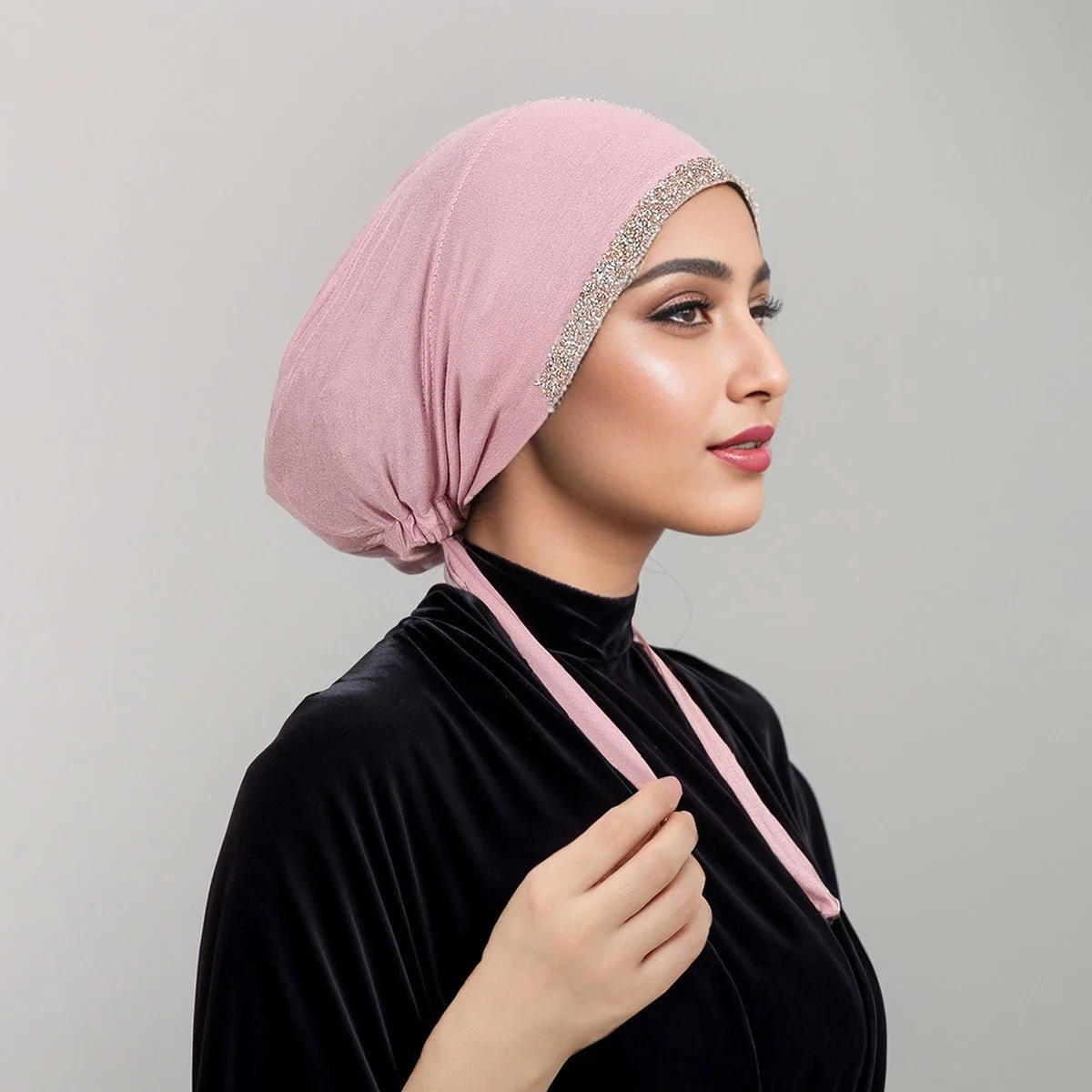 Luxury Modal Cotton Hijab Cap Crystal-Embellished Elastic Lace-Up Undercap with Breathable Design (MH115) - Image 13