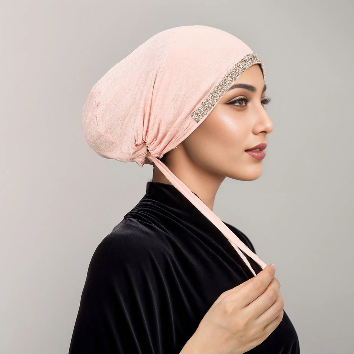 Luxury Modal Cotton Hijab Cap Crystal-Embellished Elastic Lace-Up Undercap with Breathable Design (MH115) - Image 14