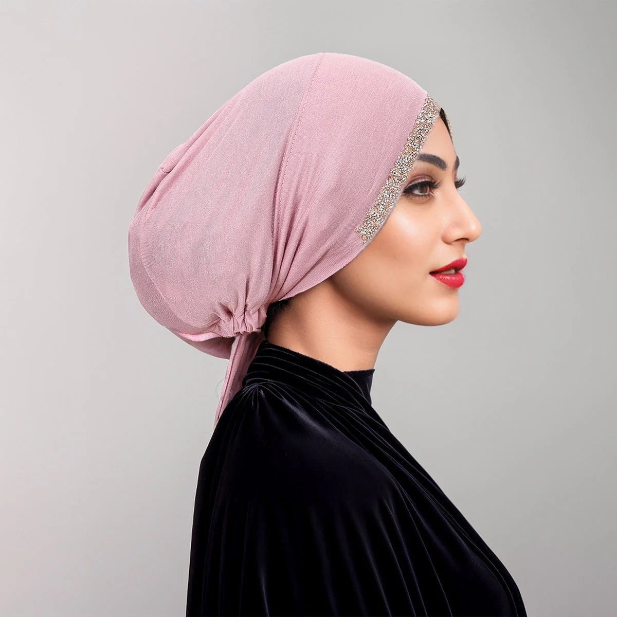 Luxury Modal Cotton Hijab Cap Crystal-Embellished Elastic Lace-Up Undercap with Breathable Design (MH115) - Image 15