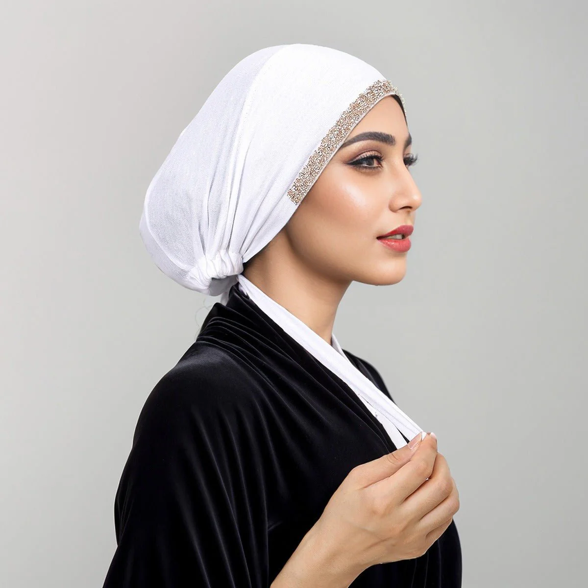 Luxury Modal Cotton Hijab Cap Crystal-Embellished Elastic Lace-Up Undercap with Breathable Design (MH115) - Image 16