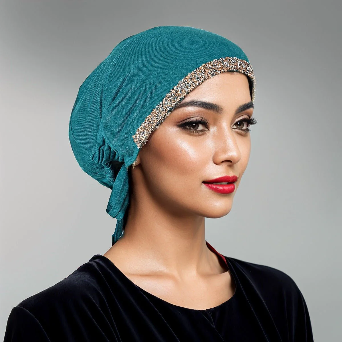 Luxury Modal Cotton Hijab Cap Crystal-Embellished Elastic Lace-Up Undercap with Breathable Design (MH115) - Image 4