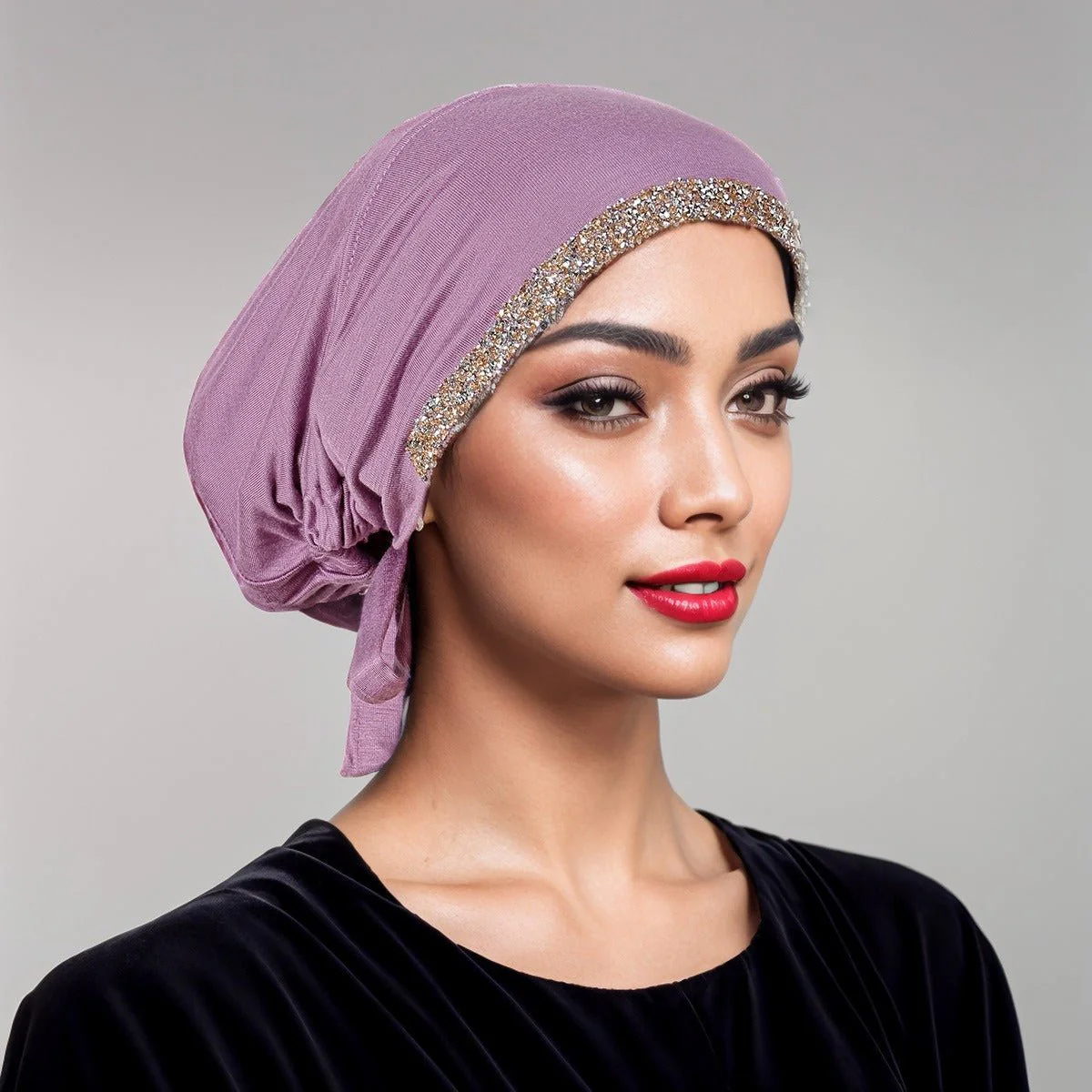 Luxury Modal Cotton Hijab Cap Crystal-Embellished Elastic Lace-Up Undercap with Breathable Design (MH115) - Image 7