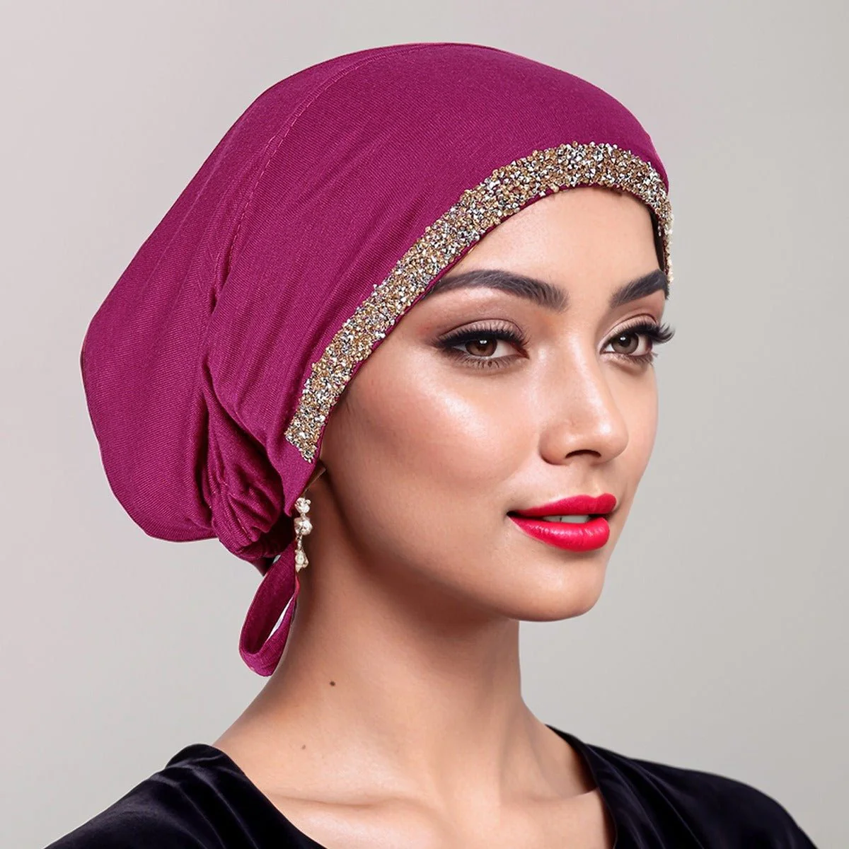 Luxury Modal Cotton Hijab Cap Crystal-Embellished Elastic Lace-Up Undercap with Breathable Design (MH115) - Image 8
