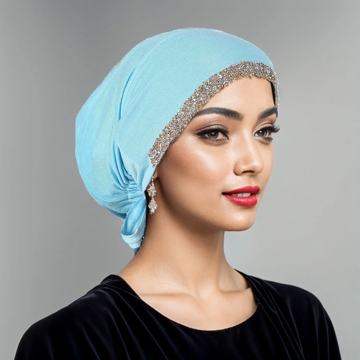 Luxury Modal Cotton Hijab Cap Crystal-Embellished Elastic Lace-Up Undercap with Breathable Design (MH115) - Image 9
