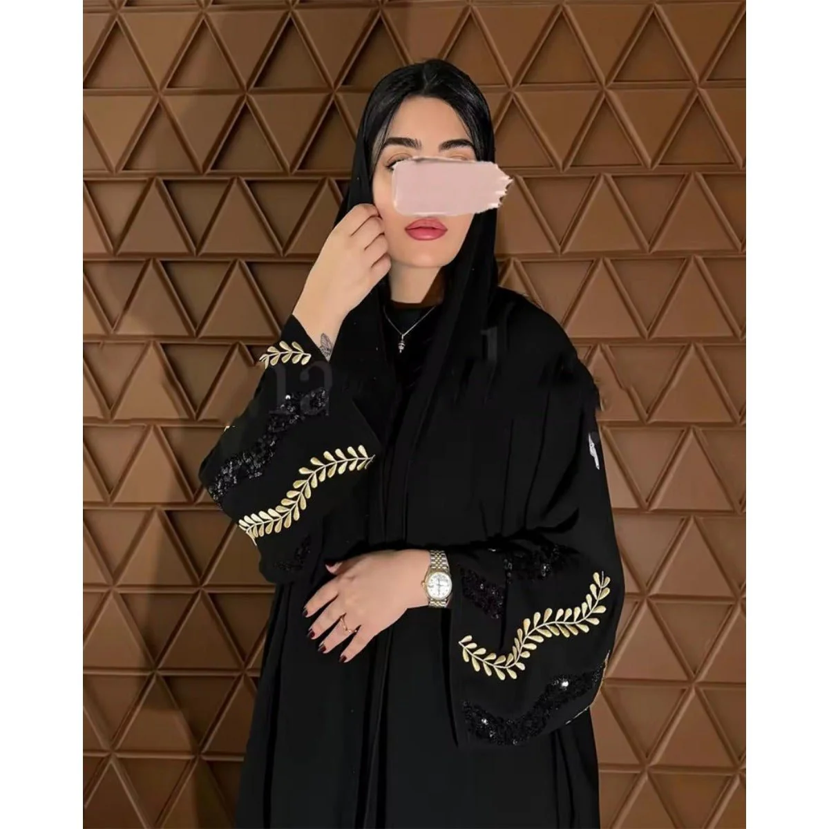 Luxury Muslim Golden Olive Abaya | Black Embroidered & Beaded Robe (MOA180) - Image 3