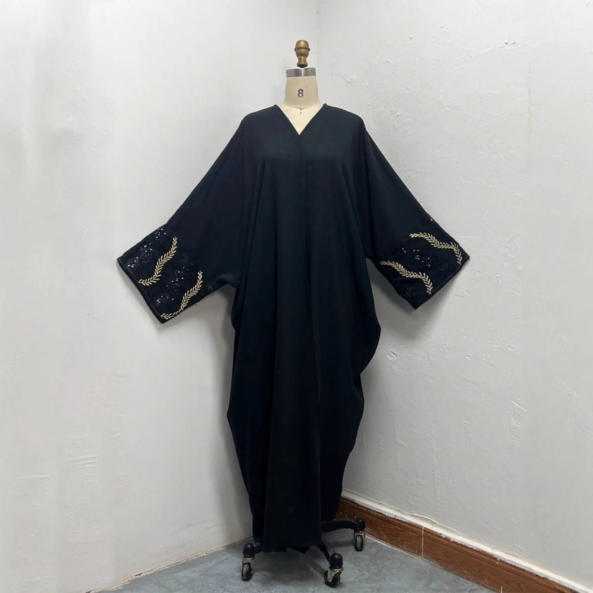 Luxury Muslim Golden Olive Abaya | Black Embroidered & Beaded Robe (MOA180) - Image 4