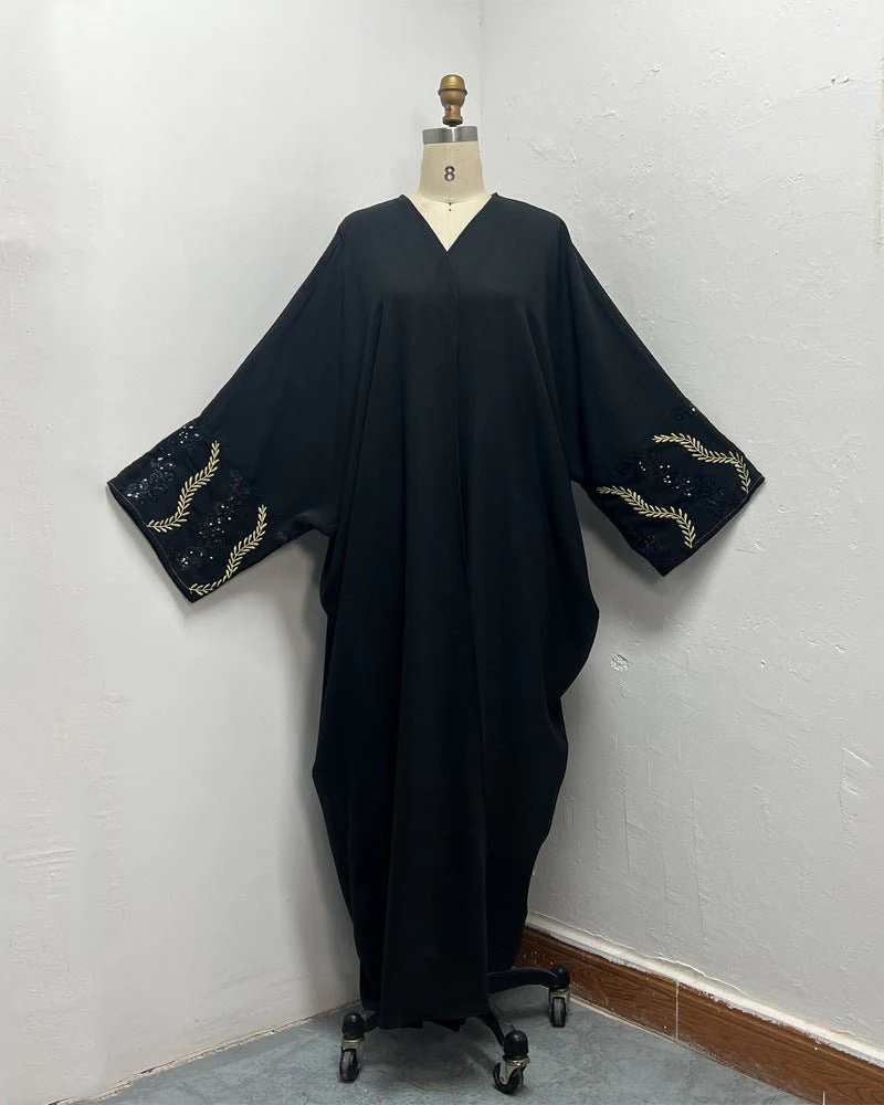 Luxury Muslim Golden Olive Abaya | Black Embroidered & Beaded Robe (MOA180) - Image 9