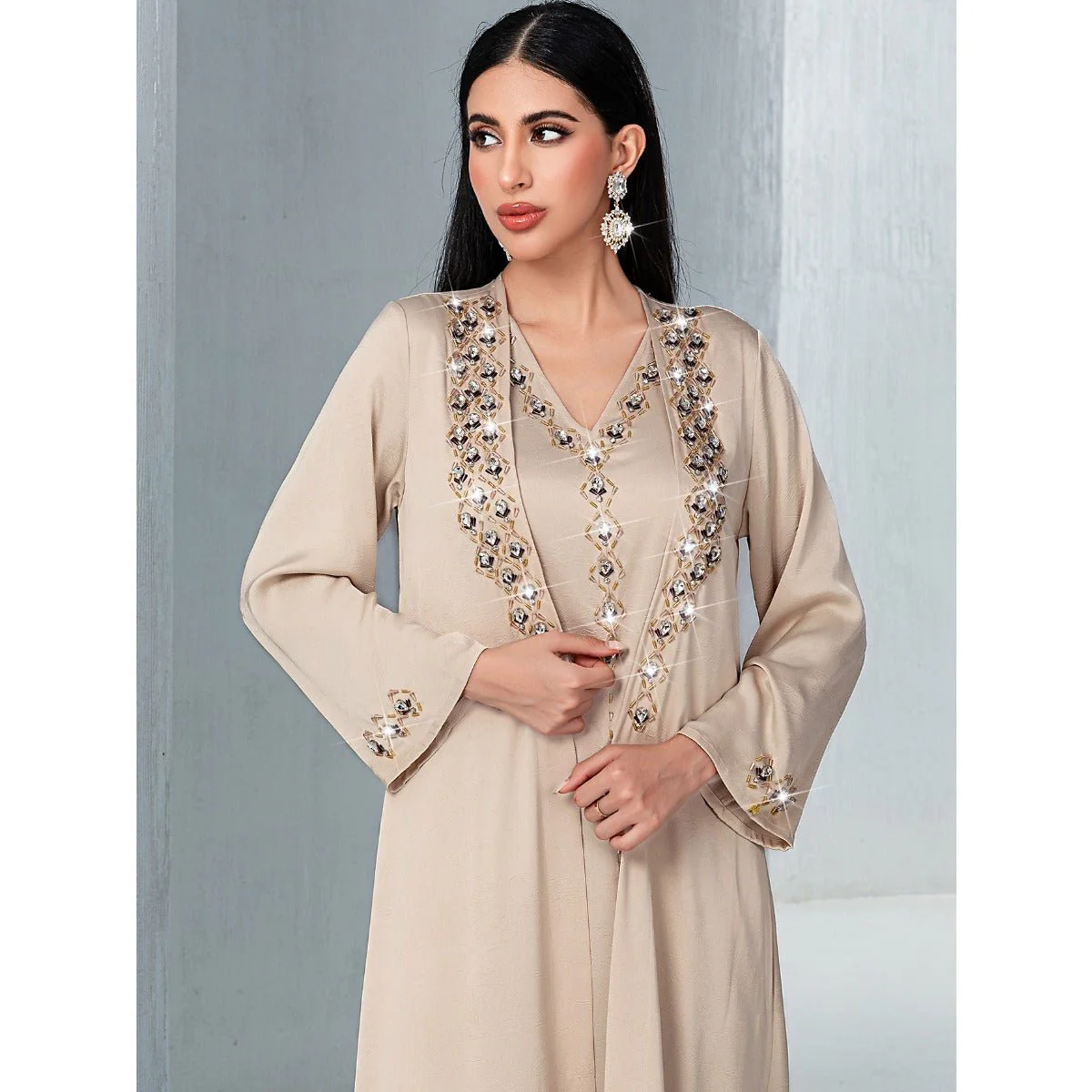 Luxury Muslim Kaftan Set Evening Wear | Beige Hand-Sewn Diamond Two-Piece Dress with Bell Sleeves(MOA202) - Image 10