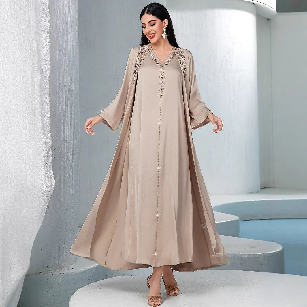Luxury Muslim Kaftan Set Evening Wear | Beige Hand-Sewn Diamond Two-Piece Dress with Bell Sleeves(MOA202) - Image 11