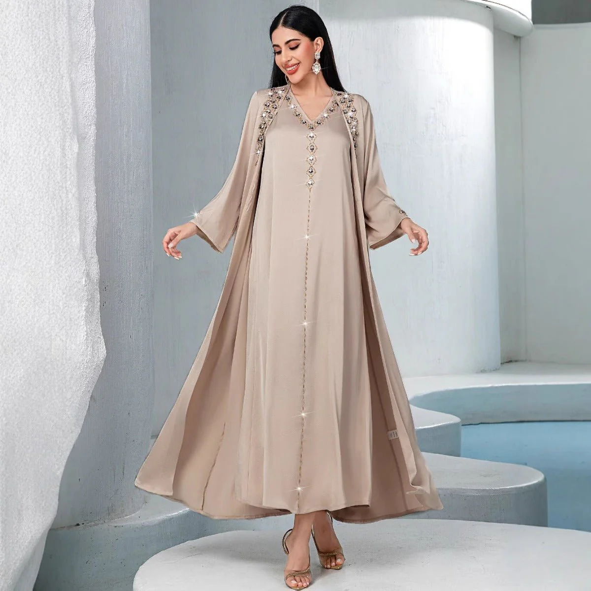 Luxury Muslim Kaftan Set Evening Wear | Beige Hand-Sewn Diamond Two-Piece Dress with Bell Sleeves(MOA202) - Image 2