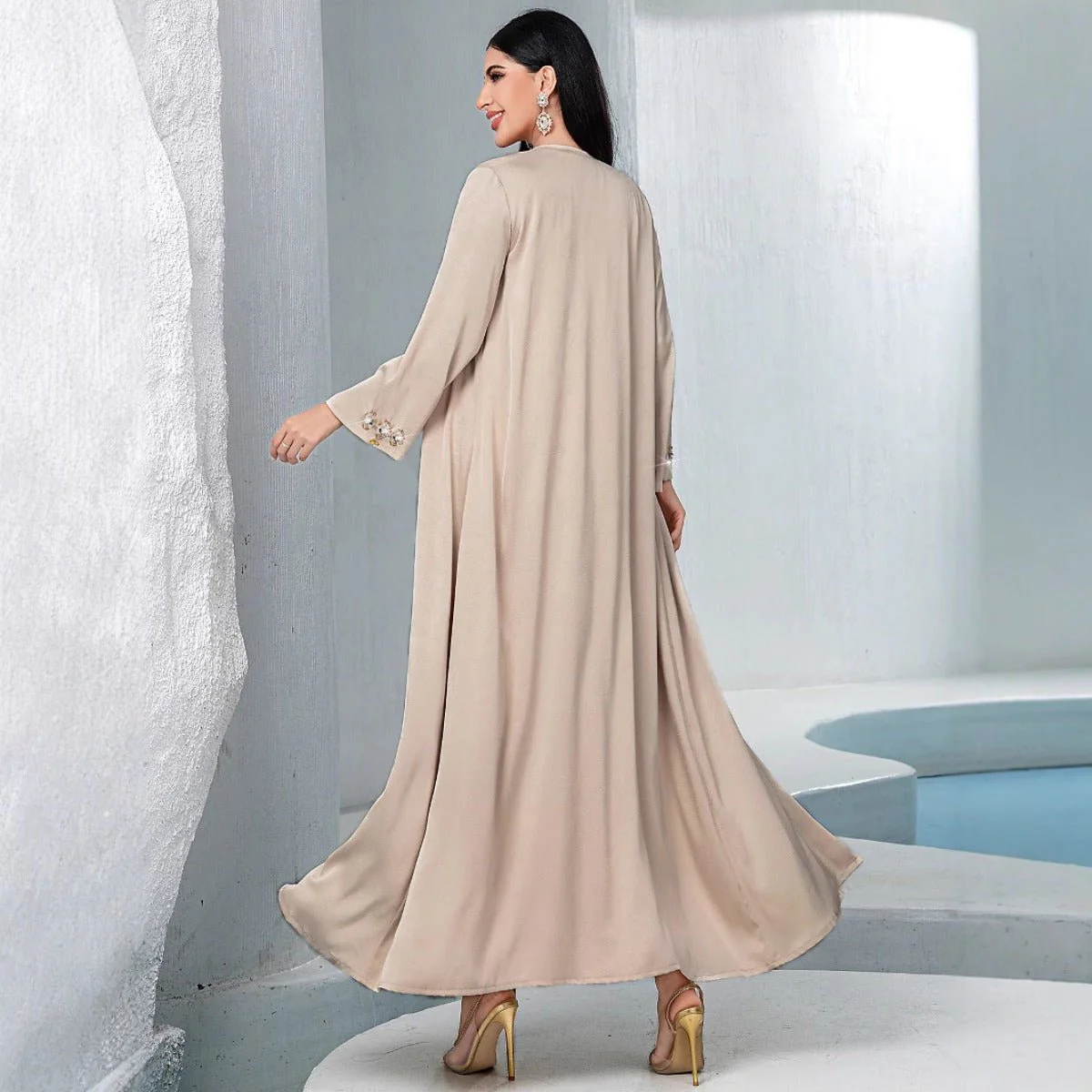 Luxury Muslim Kaftan Set Evening Wear | Beige Hand-Sewn Diamond Two-Piece Dress with Bell Sleeves(MOA202) - Image 3