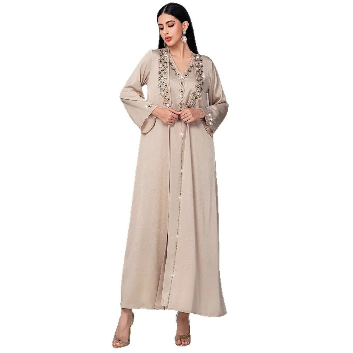 Luxury Muslim Kaftan Set Evening Wear | Beige Hand-Sewn Diamond Two-Piece Dress with Bell Sleeves(MOA202) - Image 4