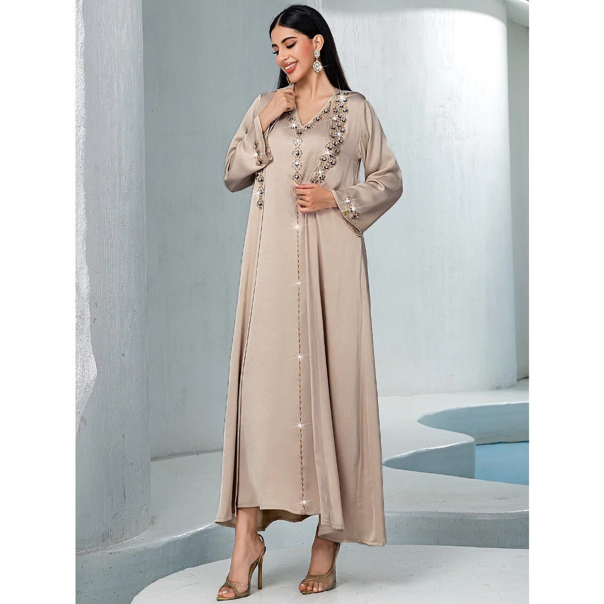 Luxury Muslim Kaftan Set Evening Wear | Beige Hand-Sewn Diamond Two-Piece Dress with Bell Sleeves(MOA202) - Image 6