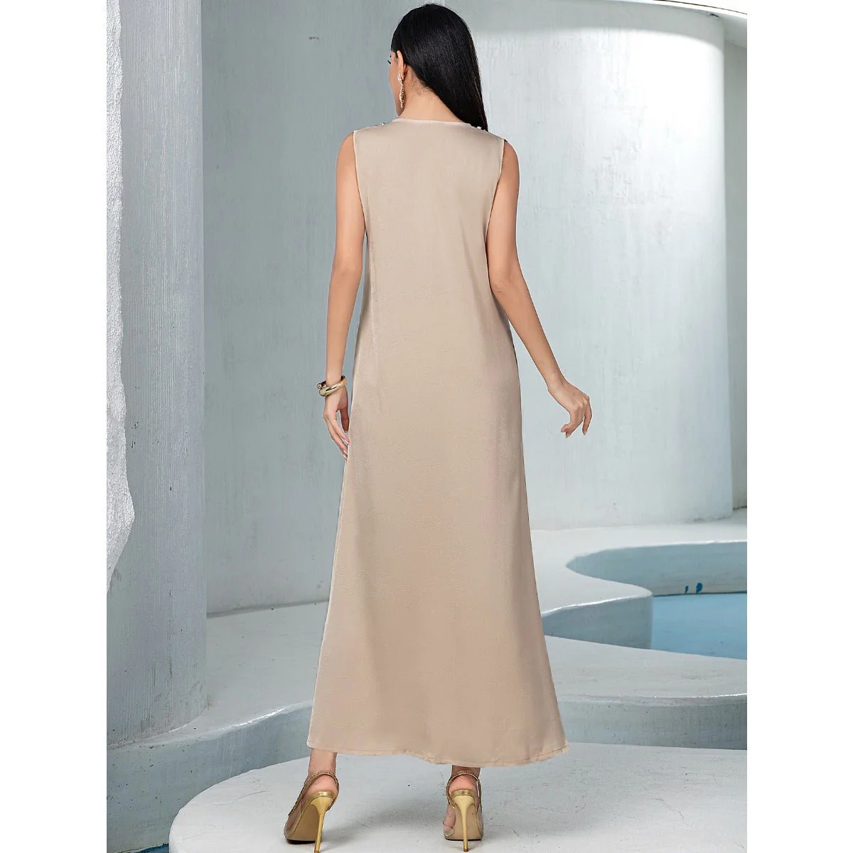 Luxury Muslim Kaftan Set Evening Wear | Beige Hand-Sewn Diamond Two-Piece Dress with Bell Sleeves(MOA202) - Image 7