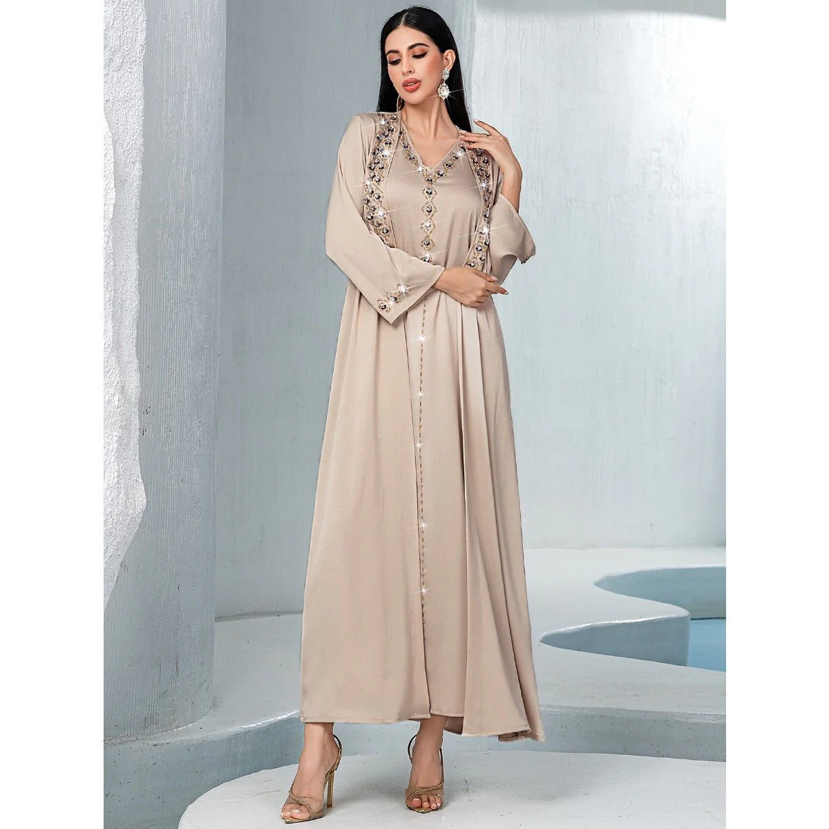 Luxury Muslim Kaftan Set Evening Wear | Beige Hand-Sewn Diamond Two-Piece Dress with Bell Sleeves(MOA202) - Image 8
