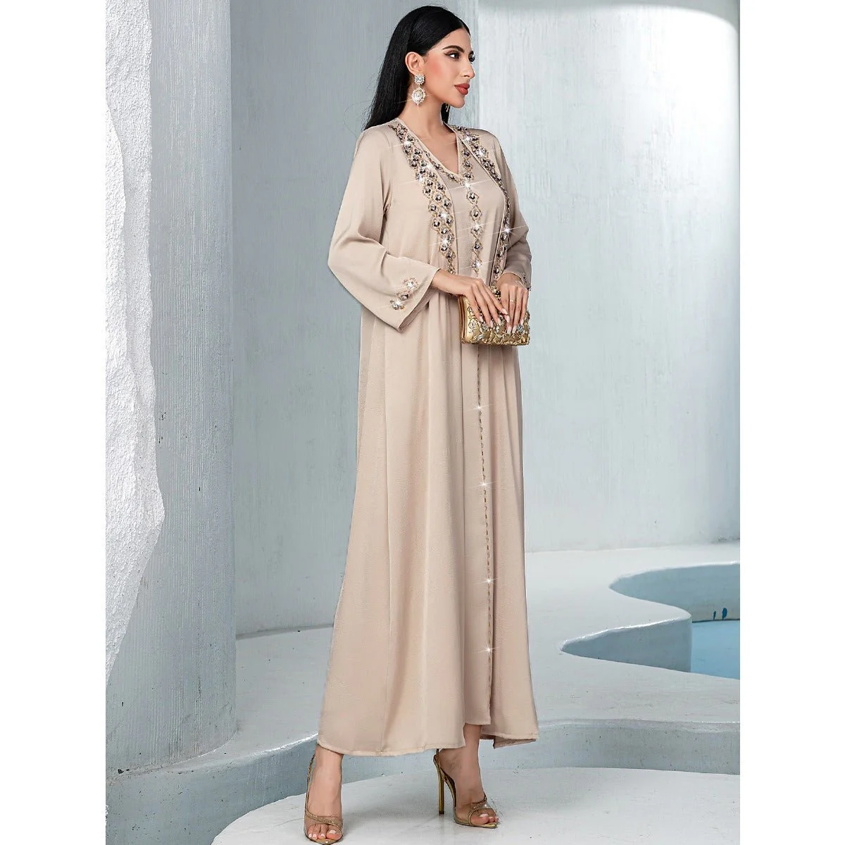 Luxury Muslim Kaftan Set Evening Wear | Beige Hand-Sewn Diamond Two-Piece Dress with Bell Sleeves(MOA202) - Image 9