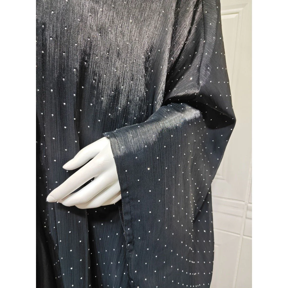 Luxury Muslim Starlight Evening Wear Abaya Set | Midnight Blue Diamond-Embellished Robe Jacket with Matching Hijab(MOA201) - Image 11