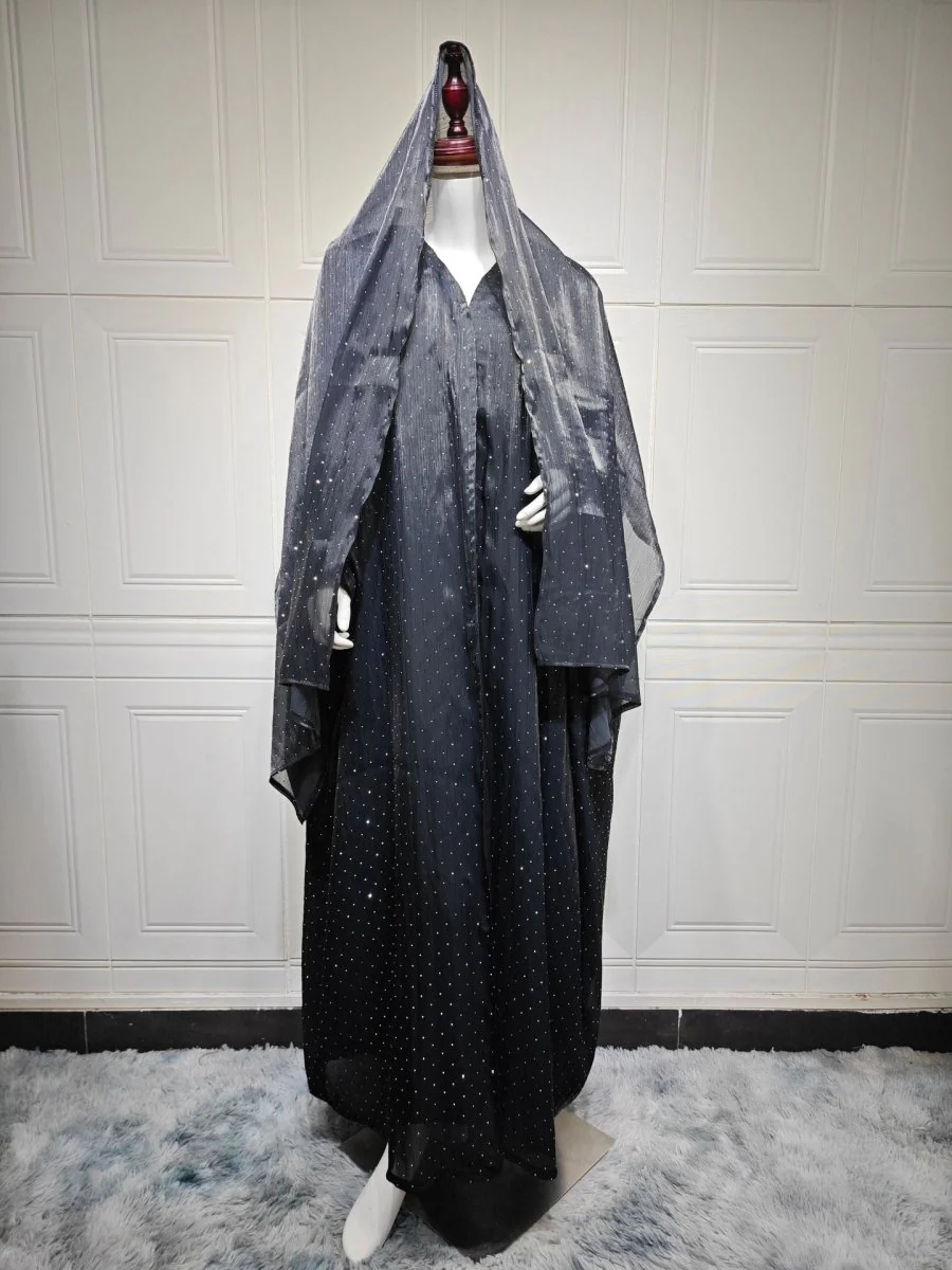 Luxury Muslim Starlight Evening Wear Abaya Set | Midnight Blue Diamond-Embellished Robe Jacket with Matching Hijab(MOA201) - Image 13