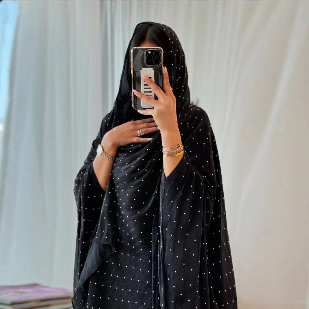 Luxury Muslim Starlight Evening Wear Abaya Set | Midnight Blue Diamond-Embellished Robe Jacket with Matching Hijab(MOA201) - Image 2