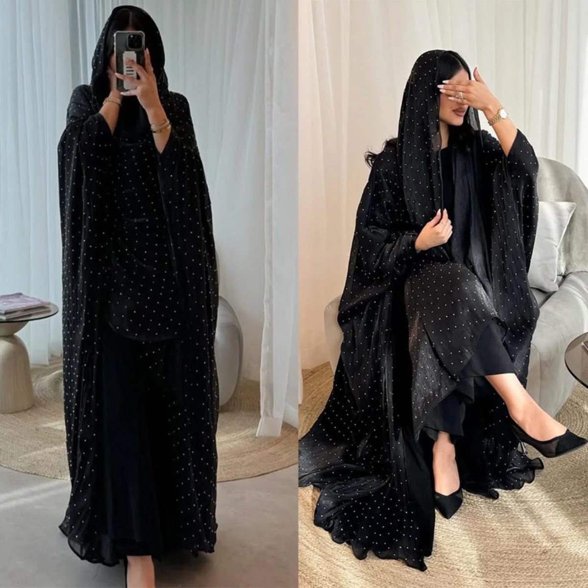 Luxury Muslim Starlight Evening Wear Abaya Set | Midnight Blue Diamond-Embellished Robe Jacket with Matching Hijab(MOA201) - Image 5