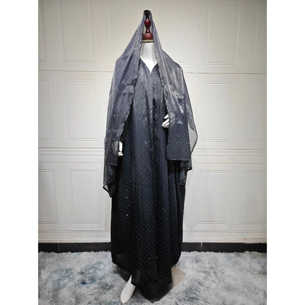 Luxury Muslim Starlight Evening Wear Abaya Set | Midnight Blue Diamond-Embellished Robe Jacket with Matching Hijab(MOA201) - Image 6