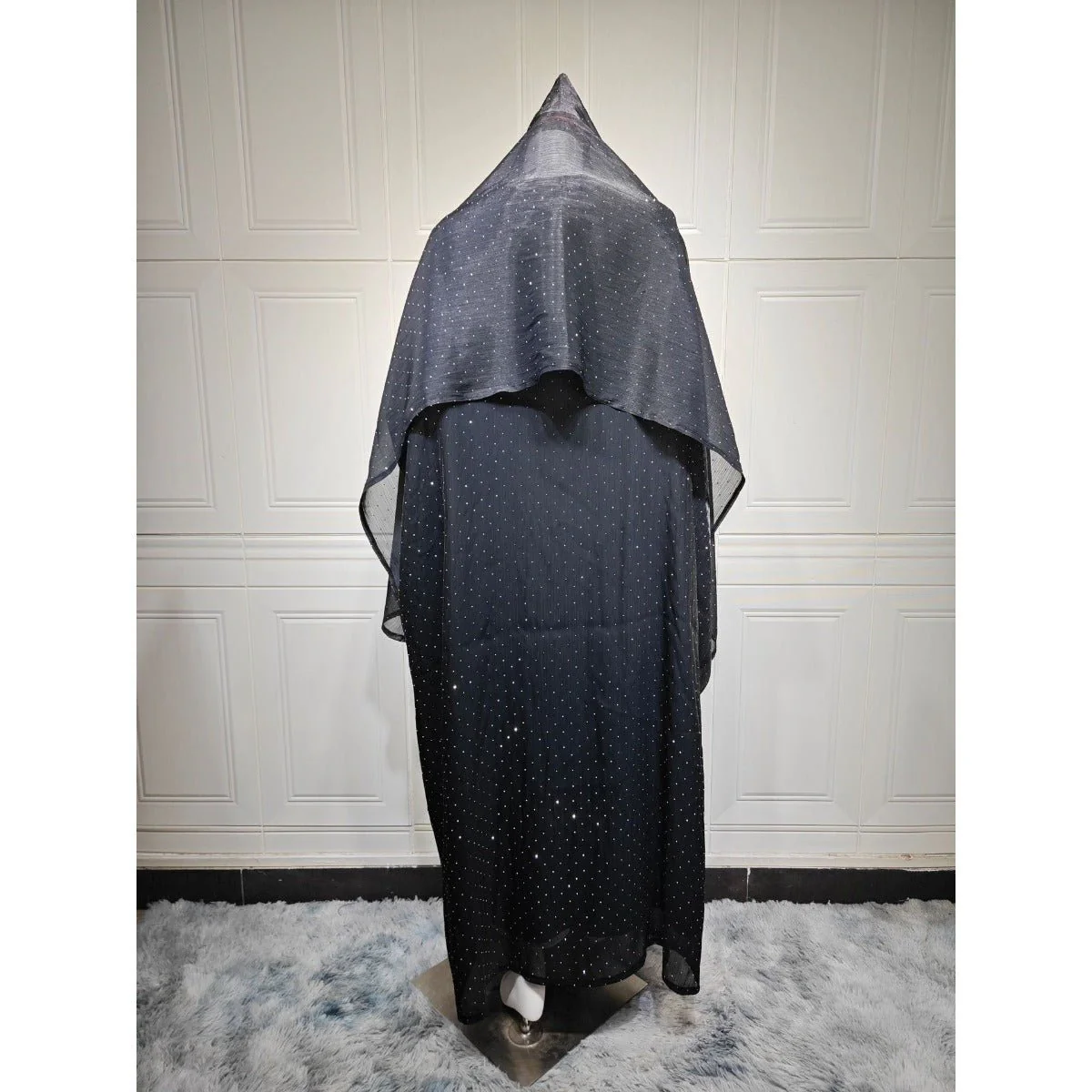 Luxury Muslim Starlight Evening Wear Abaya Set | Midnight Blue Diamond-Embellished Robe Jacket with Matching Hijab(MOA201) - Image 7