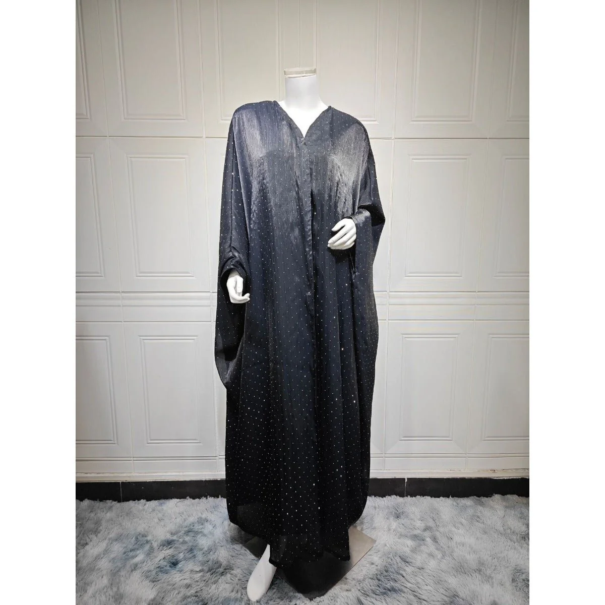 Luxury Muslim Starlight Evening Wear Abaya Set | Midnight Blue Diamond-Embellished Robe Jacket with Matching Hijab(MOA201) - Image 8
